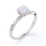 Four Prong 1.25 Carat Round Cut White Fire Opal And Diamond Modern Art Deco Engagement Ring In White Gold
