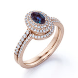 Unique Double Halo 2 Carat Oval Cut Artificial Blue Alexandrite with Diamond Semi Eternity Band Wedding Ring Sets in Rose Gold for Her