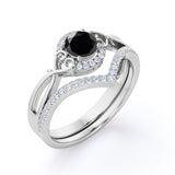 Artdeco 1.50 Carat Round cut Lab Black Diamond Trio Wedding Bridal Ring Set White Gold