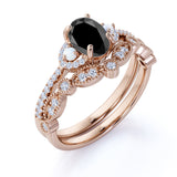Exquisite Art Deco 1.75 Carat Oval cut Lab Black Diamond with Pearls Wedding Ring Set in Rose Gold