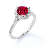 Four Petal Flower Design 1.50 Carat Cushion Cut Lab Ruby and Diamond Engagement Ring in White Gold