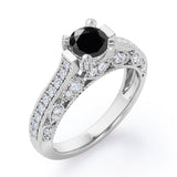 Beaded Four Prongs 1.40 Carat Round Cut Black Diamond Antique Art Deco Engagement Ring In White Gold