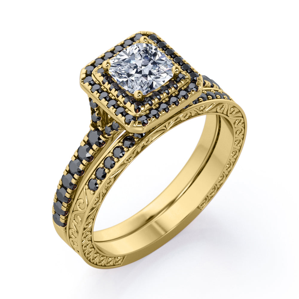 Art-Deco Pave Accented 1.7 TCW Princess Cut Moissanite with Lab Created Black Diamond Double Halo Bridal Ring Set in White Gold