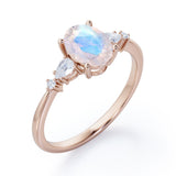 Classic Five Stone 0.6 carat Oval Moonstone and Diamond Engagement Ring in Rose Gold