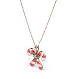 Christmas Candy Cane Diamond Enamel Pendant Necklace in 18K White Gold Plating over Silver