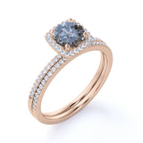Timeless Half Eternity Pave 1.25 Carat Round Cut Genuine Dark Grey Salt and Pepper Diamond Halo Bridal Set Rings