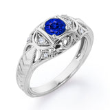 Art Deco Style 1.05 Carat Round Cut Sapphire And Diamond Square Framed Vintage Filigree Engagement Ring In Rose Gold