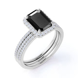 Bestselling 2 Carat Emerald Cut Lab Black Diamond Halo Trio Wedding Bridal Ring Set in White Gold