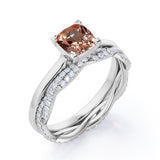 1.50 Carat Cushion Cut Peach Morganite and Diamond Wedding Ring Set in 10k White Gold