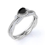 Affordable Antique Artdeco 1.60 Carat Pear Lab Black Diamond Halo Wedding Ring Set in Rose Gold