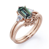 Floral Pattern 1.15 Carat Hexagon Shaped Lab Created Alexandrite And Diamond Nature Inspired Five Stone Wedding Ring Set In White Gold