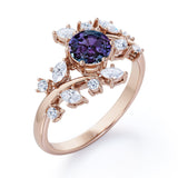Modern Art Deco 0.85 Carat Round Cut Lab Created Alexandrite Nature Inspired Floral Engagement Ring