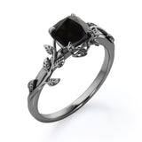 1 ct Cushion Lab Black Diamond Leaf Style Engagement Ring