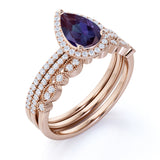 Pave Art Deco 2 Carat Lab Created Alexandrite and Diamond Halo Vintage Trio Bridal Set Rings