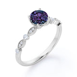 Four Prong 1.25 Carat Round Cut Lab Created Alexandrite And Diamond Modern Art Deco Engagement Ring In White Gold