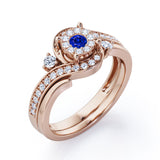 Pave-Prong Design 0.55 TCW Round Shape Blue Sapphire and Moissanite Bridal Ring Set in Rose Gold