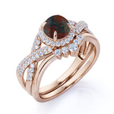 Chevron 1.60 Carat Round Cut Black Fire Opal And Diamond Infinity Halo Wedding Ring Set In White Gold