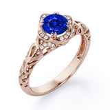 Modern Art Deco 1.10 Carat Round Cut Sapphire And Diamond Cushion Framed Halo Engagement Ring In Rose Gold