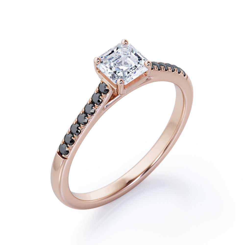 Four Prong Set - 1.25 TCW Princess Cut Moissanite with Lab Created Black Diamond - Scalloped Pave Engagement Ring in White Gold