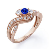 Double Milgrain Curve Infinity 0.7 carat Round Blue Sapphire and Moissanites Engagement Ring in White Gold