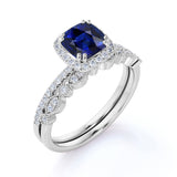 Classic Pave 2 Carat Cushion Cut Sapphire and Diamond Halo Bridal Set with Art Deco Band in White Gold