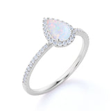 1.50 ct Vintage Pear Shaped Opal and Moissanite Halo Wedding Ring in 18K White Gold over Silver