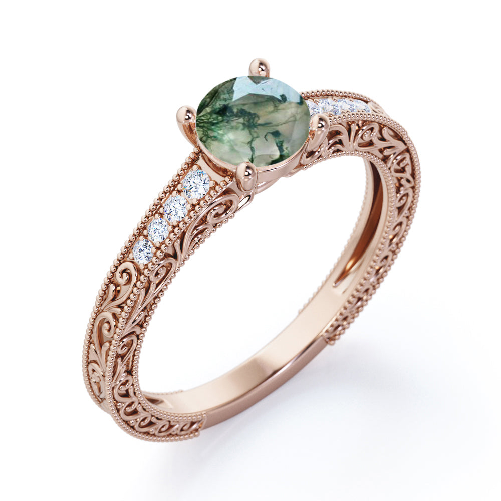 Artfully Crafted 1 carat Round Moss Agate and Moissanite Anniversary Ring in White Gold