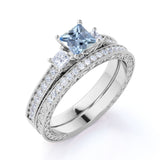 Three Stone 1.50 ct Princess Aquamarine Pave Wedding Set