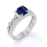 2 Ct Cushion Cut Lab Sapphire Art Deco Trio Set