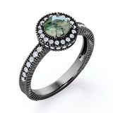 Decorative Halo 1 carat Round Moss Green Agate and Diamond Milgrain Engagement Ring in White Gold