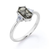 1.15 ct Hexagon Black Rutilated Quartz Five Stone Engagement Ring