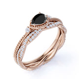 Affordable Antique Artdeco 1.60 Carat Pear Lab Black Diamond Halo Wedding Ring Set in Rose Gold