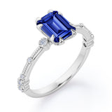 Sharp Eight Claws 1.10 Carat Emerald Cut Sapphire And Diamond Beaded Engagement Ring In Rose Gold