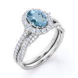 1.65 Carat Huge Oval Cut Aquamarine And Diamond Halo Wedding Ring Set In White Gold