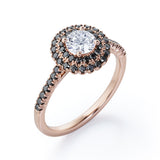 Double Halo Cluster - 1.5 TCW Round Shape Moissanite with Lab Created Black Diamond - Pave Accented Engagement Ring in Rose Gold