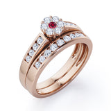 Flower Cluster Design 0.5 TCW Round-Shaped Ruby and Moissanite Flush-Channel Bridal Ring Set in Rose Gold