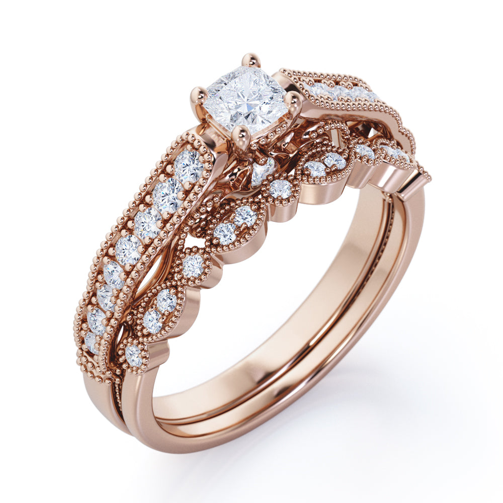 Pave-Channel 0.5 TCW Princess Cut Diamond Filigree Milgrain Decorative Wedding Ring Set in 10K White Gold