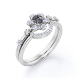 Modern Cluster 0.75 Carat Round Cut Dendritic Black Rutilated Quartz and Diamond Snowflake Bridal Set Rings