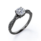 Basket Cathedral - 1.45 TCW Round Shape Moissanite with Lab Created Black Diamond - Crossover Pave Engagement Ring in Black Gold