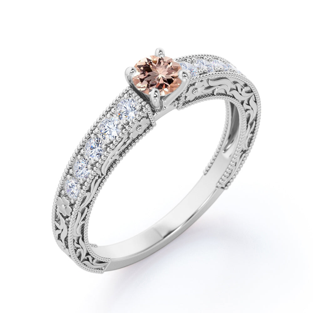 Bead Décor 0.6 carat Round Morganite and Moissanite Floral Engagement Ring in Rose Gold