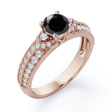 Simple Four Prong 1.50 Carat Round Cut Black Diamond Vintage Milgrain Multi Row Engagement Ring In Rose Gold
