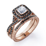 Filigree Twisted Pave 1.75 TCW Princess Cut Moissanite with Lab Created Black Diamond Rounded Square Double Halo Bridal Set in Rose Gold