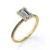 Four Prong - 1.25 TCW Emerald Cut Moissanite with Lab Created Black Diamond - Engagement Ring with Pave Accents in White Gold