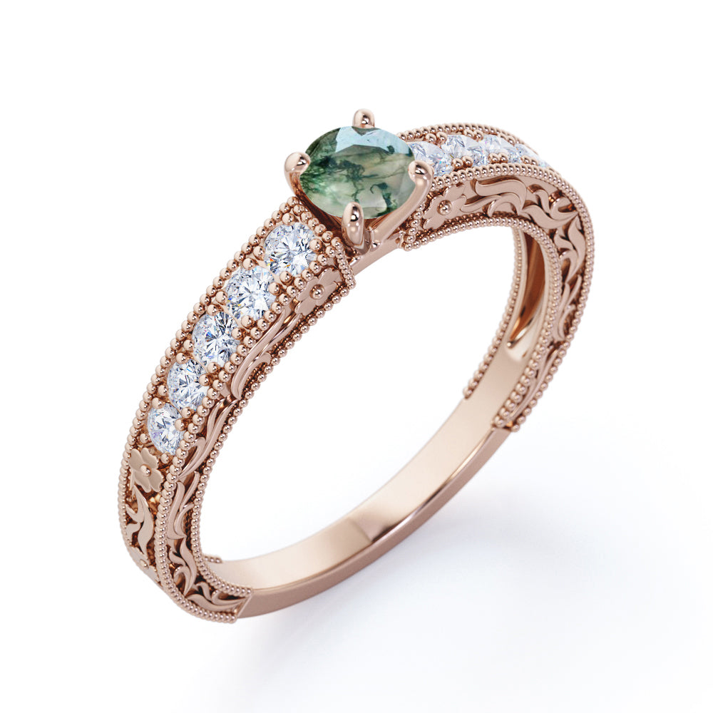 Vintage Floral 0.6 carat Round Natural Moss Agate and Moissanite Engagement Ring in White Gold