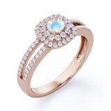 Clustered 1.55 Carat Round Cut Moonstone And Diamond Double Halo Split Shank Engagement Ring In White Gold