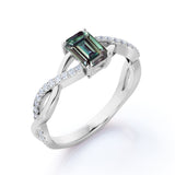 Twisted Infinity Solitaire 0.75 Carat Emerald Cut Lab Created Green Alexandrite and Semi Eternity Diamond Pave Engagement Ring in Rose Gold for Women