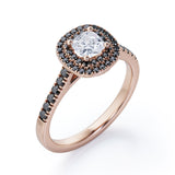 Double Halo Style - 1.45 TCW Princess Cut Moissanite with Lab Created Black Diamond - Scalloped Pave Engagement Ring in Yellow Gold