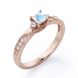 Double Curved Line Milgrain 0.55 carat Princess Moonstone and Moissanite Dainty Engagement Ring in rose Gold