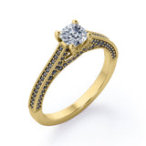 Three Sided Pave - 1.35 TCW Princess Cut Moissanite with Lab Created Black Diamond - Milgrain Decorated Engagement Ring in Rose Gold