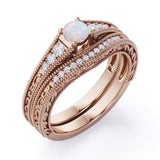 Tapered Four Prong Beaded 1.25 Carat Round Cut Ethiopian Opal And Diamond Vintage Art Deco Wedding Ring Set In White Gold